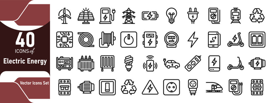 Electric energy icon set 40 vector illustrations for sustainable power solutions. Vector editable line icon set collection.