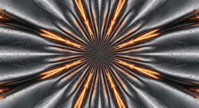 Abstract metallic kaleidoscope with fiery orange glow emanating from the center.