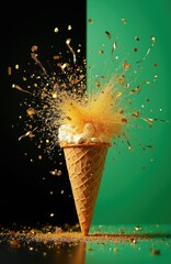 Fototapeta premium Ice cream cone explodes with golden fireworks and confetti against black and green backdrop. A festive dessert treat for celebrations, holidays, or parties, signifying joy.