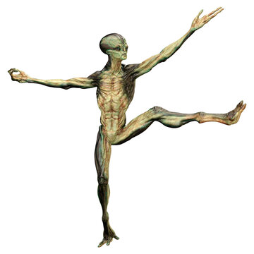 3D Rendering Green Alien on White