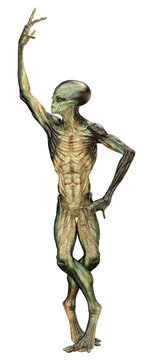 3D Rendering Green Alien on White