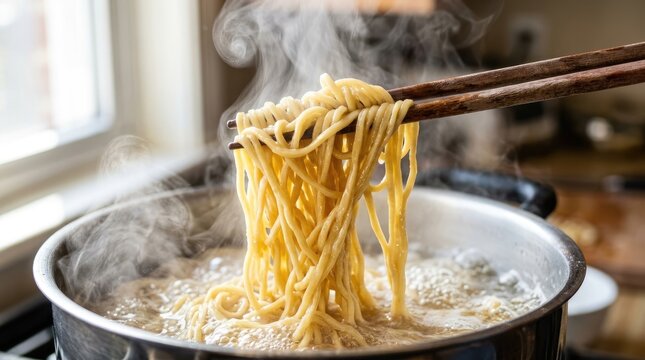 Cooking Steam Rising from Hot Noodles in a Kitchen Pot