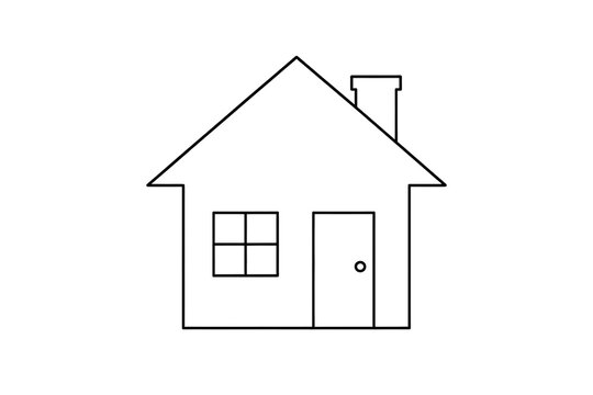 Simple black and outline line art icon of a house with a chimney and window