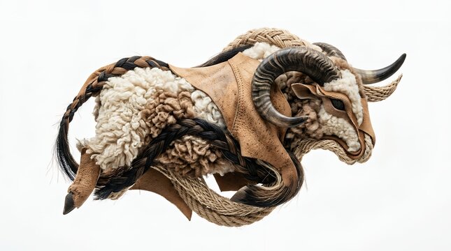 Ram charging isolated on white. Powerful horned sheep jumping in dynamic motion.