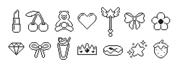 Obraz premium Pixel art fun black and white icons set, retro 8 bit video game vector collection, Teddy bear toy, flower, heart, bow