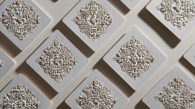 Square white paper cards featuring ornate embossed floral and botanical patterns