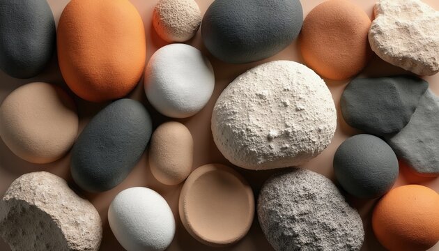 Assortment of synthetic material samples with varied shapes, surface textures. Colorful man made polymer objects arranged on background. Industrial plastic design elements with diverse finish look.