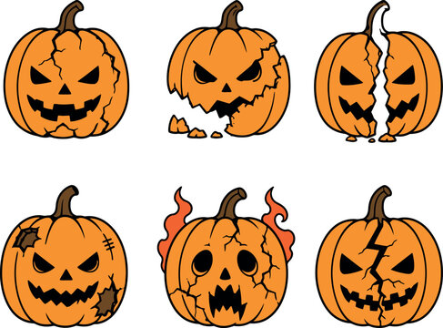 Collection of six spooky halloween pumpkins with cracked and broken faces for festive designs pumpkin