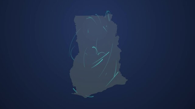 Ghana Map with Bright Light Trails Connecting States in a Technology Network