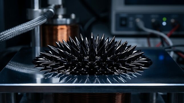 Magnetic ferrofluid spikes reacting to magnetic field in high tech science research laboratory
