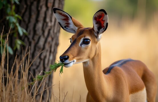 Small steenbok stands in African savannah landscape. Wild brown antelope eats green grass near tree trunk. Mammal looks alert with large ears in nature habitat. Animal portrait shows cute creature