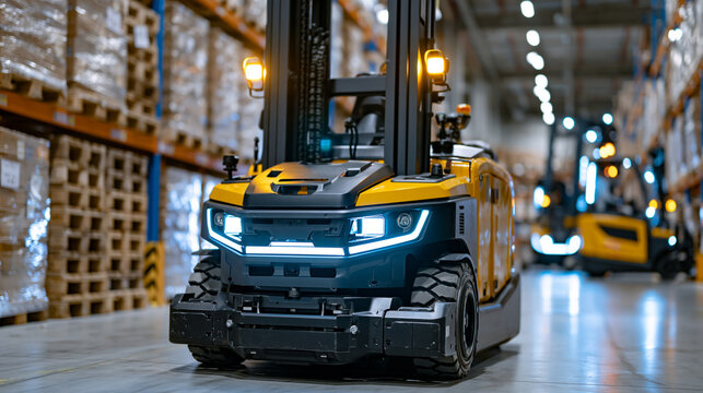 Modern warehouse with robotic forklifts and organized pallet storage supporting efficient logistics operations, ultra photorealism, cinematic color correction, natural uneven lighting yet gentle bac