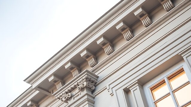Classical architecture cornice featuring conical guttae details under soft window light.