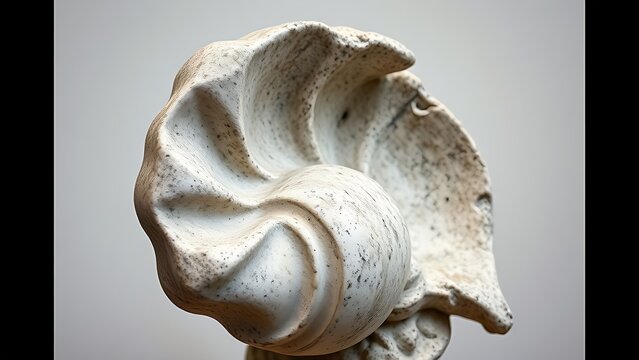 Close-up of a weathered classical Greek sculpture of a conch shell.