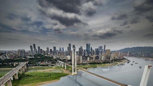Chongqing cyberpunk city skyline and blue coloured river