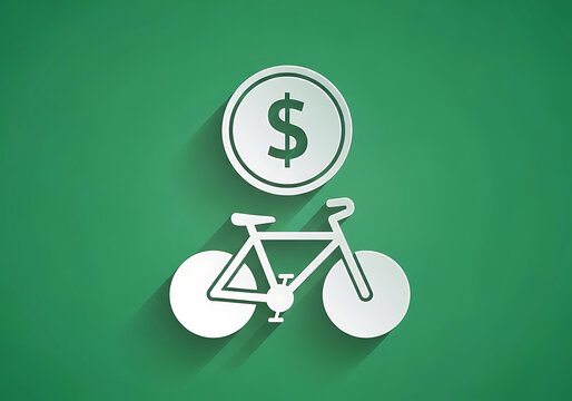 Bicycle and dollar coin icon representing bike rental or transportation cost with transportation business investment currency transport illustration purchase