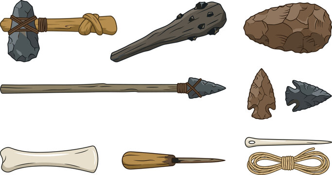 Ancient Stone Age Weapon and Tool Icon Set Featuring Primitive Axe, Wooden Club, Flint Spear, Arrowheads, Bone Needle, Awl, and Rope Coil