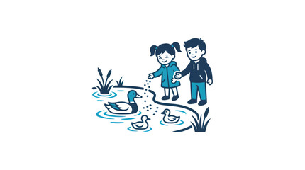 Obraz premium Children Feeding Ducklings by Pond.