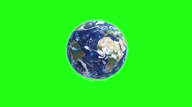 Rotating planet earth on green screen background, realistic 3D globe animation for compositing, global world map sphere with blue oceans
