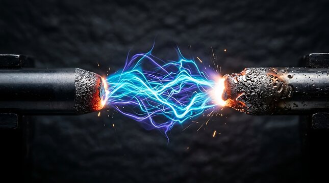 Bright electrical arc spark discharge between two metal electrodes against dark background, high voltage energy physics concept