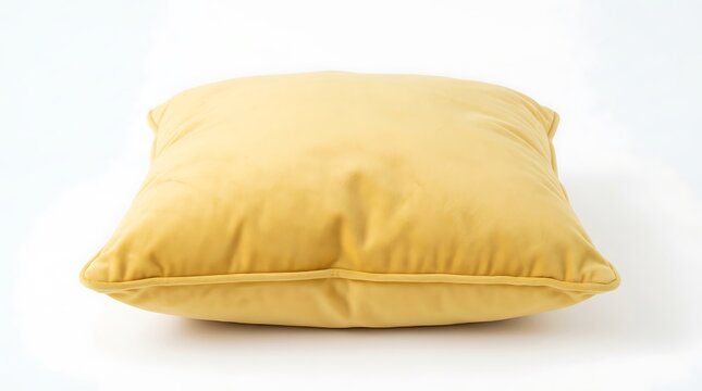 A single yellow velvet cushion isolated on a white background.