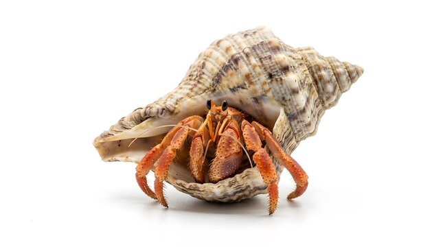 A small hermit crab emerging from its spiral shell on a white background.
