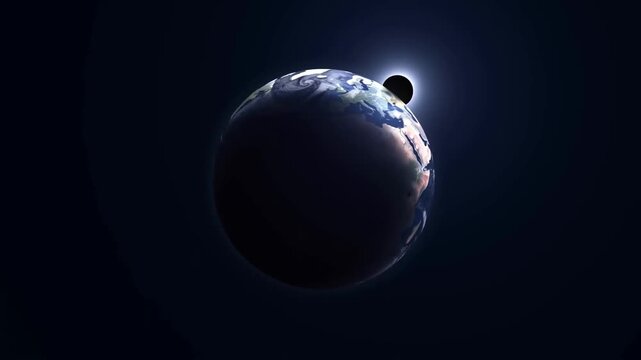 Slow motion tracking shot of moon eclipsing sun over earth from space showing corona and planetary shadow during orbital transit