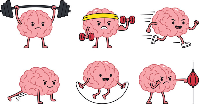Mental Fitness and Brain Workout Cartoon Character Set Featuring Brains Lifting Barbells, Running, Doing Pushups, Jumping Rope, and Boxing for Health Designs
