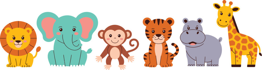 Adorable collection of friendly safari animals standing in a row, featuring a cute cartoon vector illustration set of a lion, elephant, monkey, tiger, hippo, and giraffe with colorful, playful, child- © Khusi