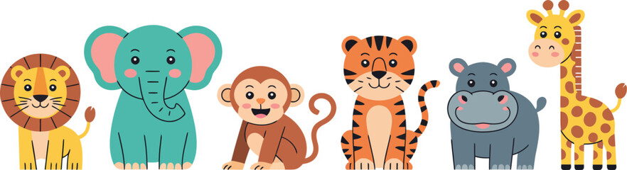Adorable collection of friendly safari animals standing in a row, featuring a cute cartoon vector illustration set of a lion, elephant, monkey, tiger, hippo, and giraffe with colorful, playful, child- © Khusi