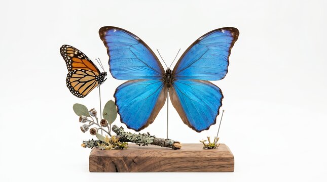 Blue Morpho and Monarch butterflies on wood. Insect specimens displayed on white background.