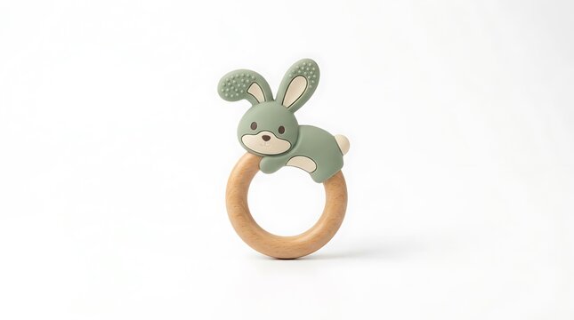 Cute bunny rabbit baby teething toy made of wood and silicone.