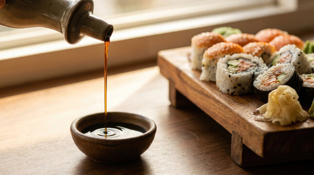 Close-Up of Soy Sauce Being Poured Over Sushi Platter
