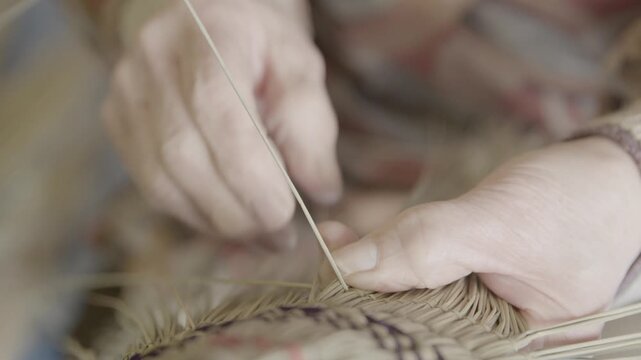 Hands Weaving Traditional Bon Odori Hat in Ugo Town Akita Prefecture J