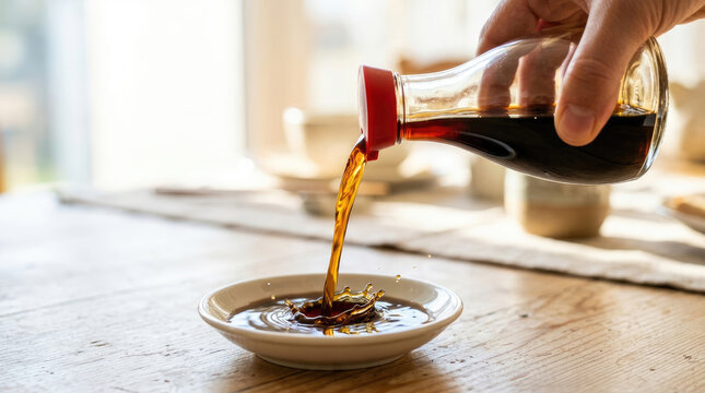 Pouring Dark Sauce from Bottle onto Small Plate on Wooden Table