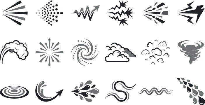 Abstract graphic effects vector icon set featuring spray explosion smoke clouds tornado splash and energy wave symbols.