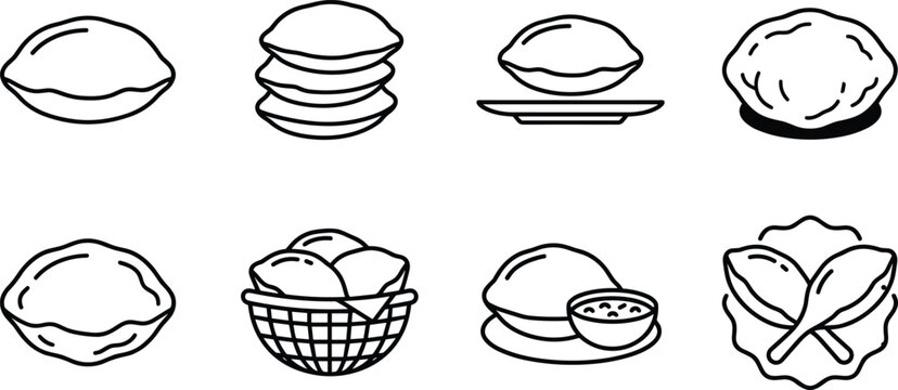 Indian Puri and Bhatura Fried Bread Line Icon Set for Traditional Food and Restaurant Menu Designs