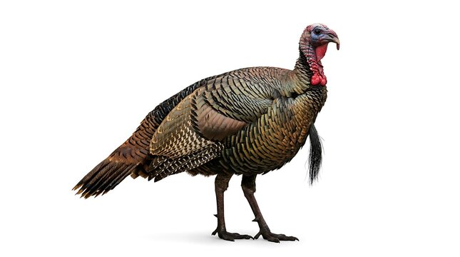 Full body portrait of a male wild turkey isolated on white background.