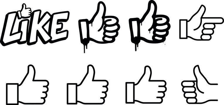 Social media thumbs up vector icon set featuring graffiti like text doodle stencils and clean outline hand gestures
