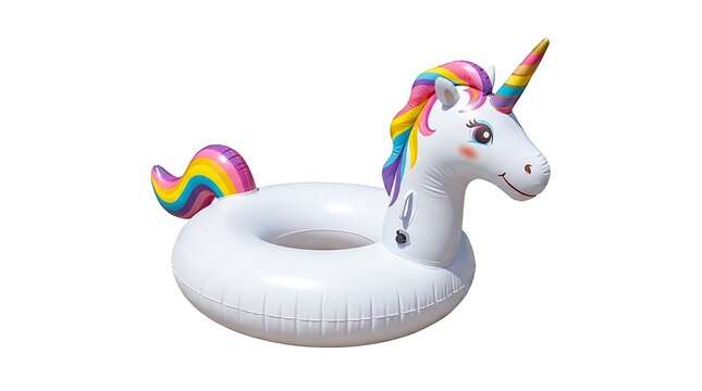 Inflatable unicorn pool float isolated on white background.