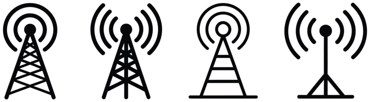 Radio tower icon set featuring broadcast mast antenna radio waves wireless communication signal transmission and broadcasting symbols, vector design.