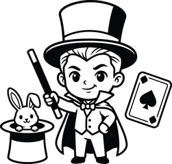 Cute cartoon magician boy holding magic wand with a cute bunny in foremost hat and playing card, vector coloring page sketch.