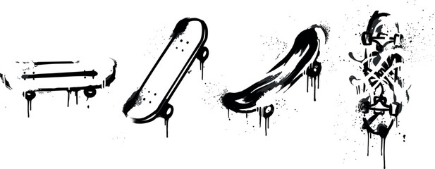 Skateboard graffiti vector set with dripping black paint grunge texture spray splatters and urban street art elements © Hachhada