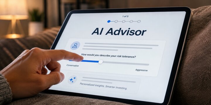 User setting risk tolerance slider on tablet screen using AI Advisor app for personalized investment planning