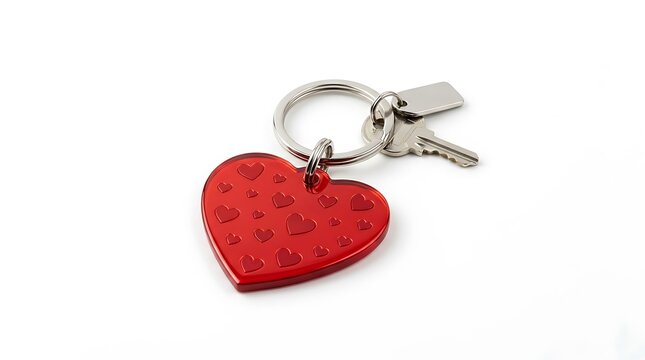 Red heart shaped keychain with metal keys on white background.