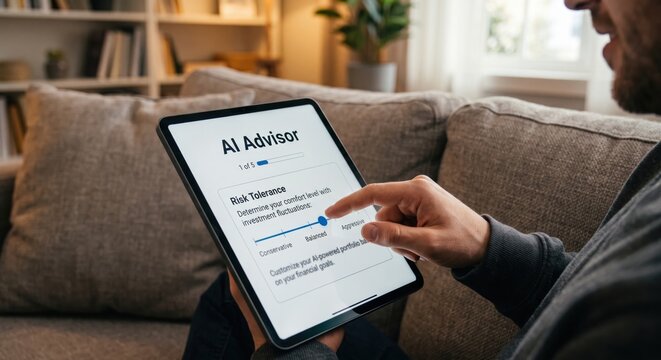 Man sitting on couch adjusting risk tolerance slider on tablet screen using AI financial advisor onboarding app