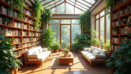 Fototapeta premium Modern sunroom library with tall wooden shelves filled with books. Bright indoor conservatory features white sofas, coffee table on hardwood floor. Large glass walls overlook green garden view.
