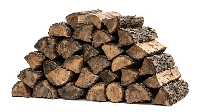 Stacked Pile of Chopped Firewood Logs Isolated on White Background.