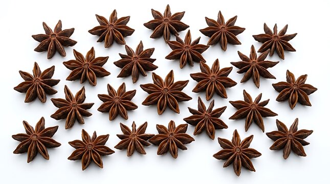 Star Anise Spices Arranged on White Background.