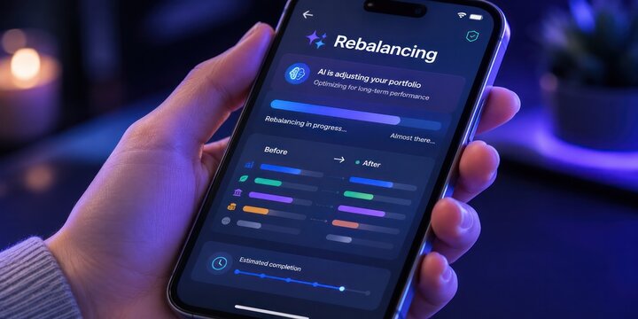 User holding smartphone displaying AI portfolio rebalancing and automated asset optimization UI on mobile app